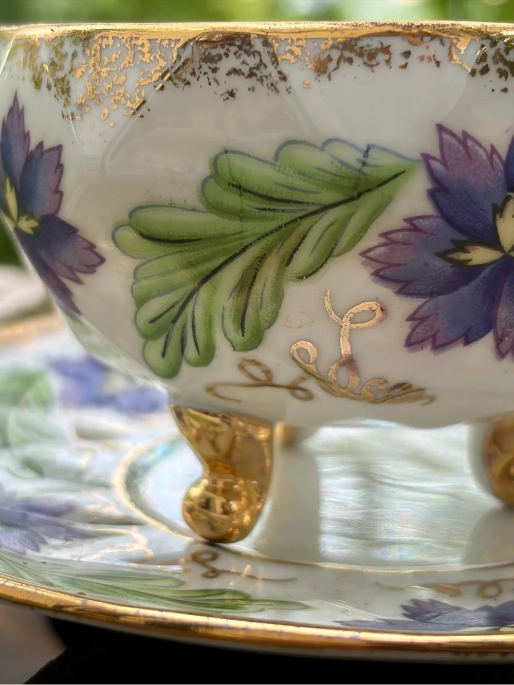 Japanese Tea Cup and Saucer by Shafford with Purple Flowers, 3  Footed Tea Cup